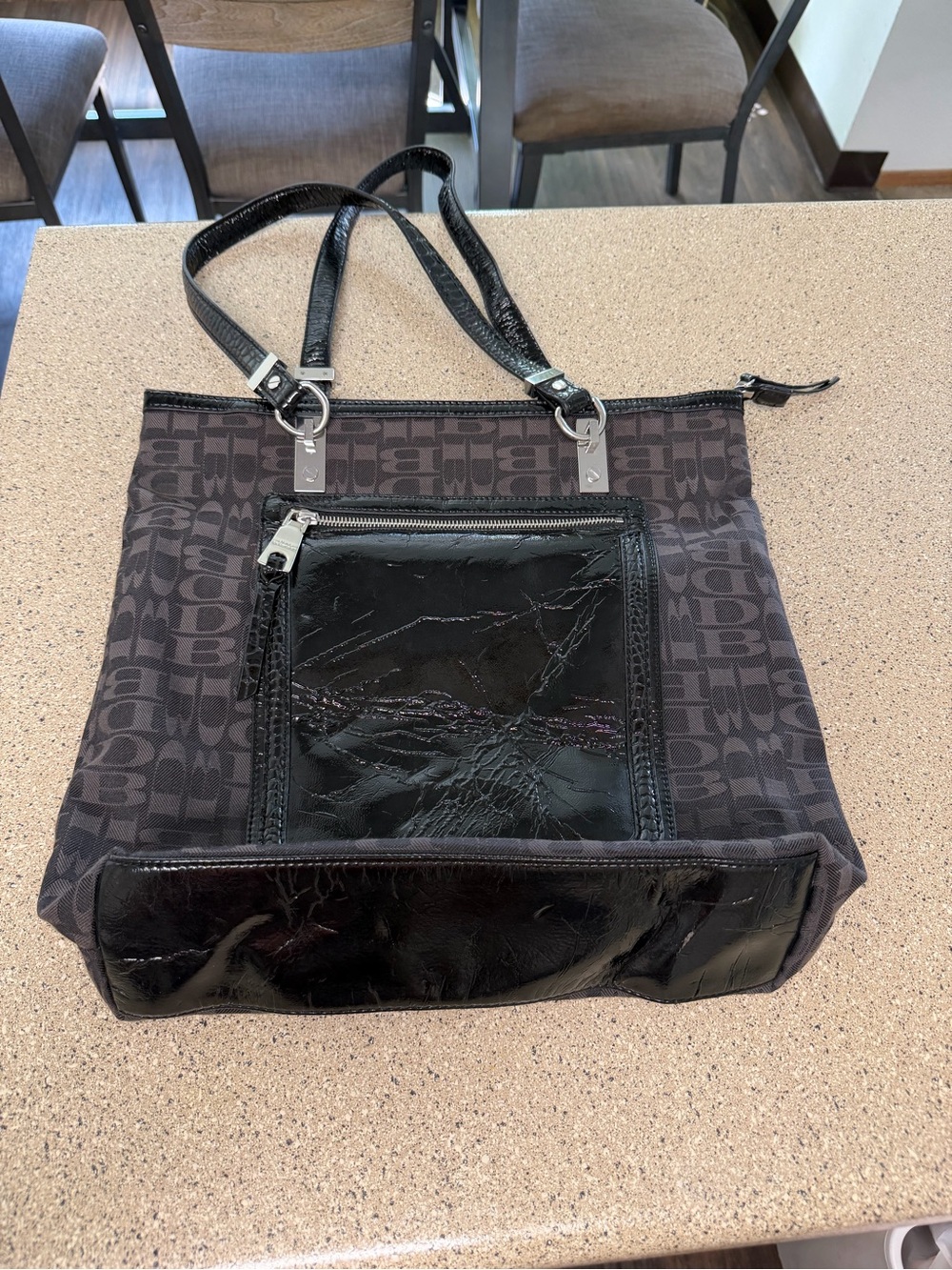 Dana Buchman Black Logo-Print Tote with Patent Trim